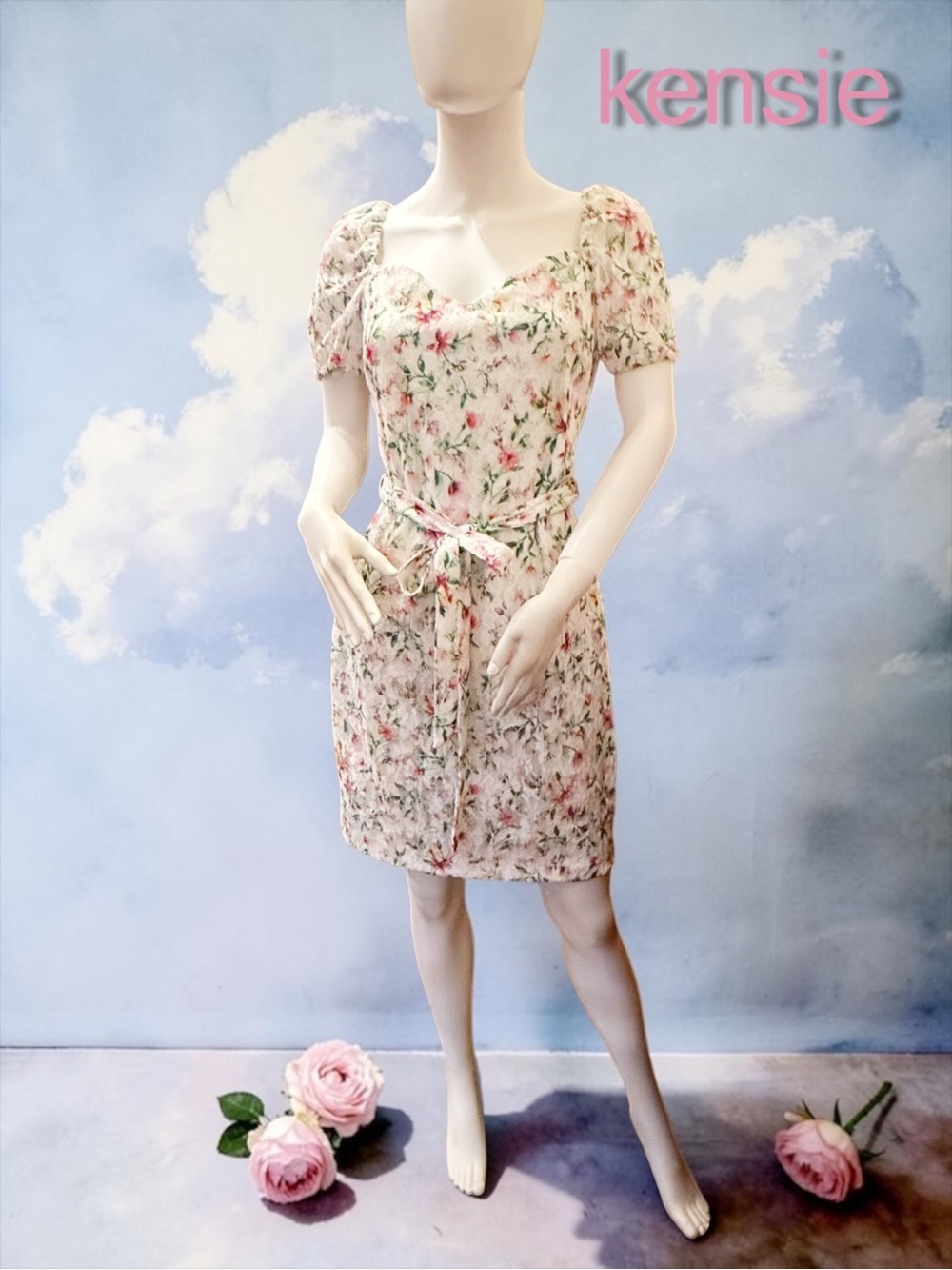 🌸 NWT Kensie Floral Lace Sweetheart Dress Size 12 Puff Sleeve Mini 🌸